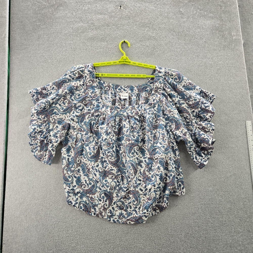 Terra & Sky Women Blouse 4X (28W-30W) Blue Paisley Ruffle Scoop Neck‎ Pullover